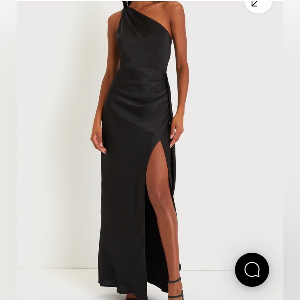Lulu's Signature Elegance Black Satin One-Shoulder Maxi Dress